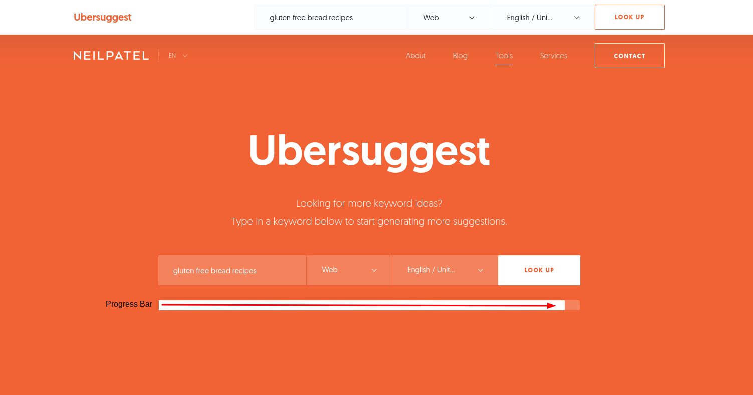 how to find niche keyword ideas and content topics with ubersuggest 4 Ubersuggest’s progress bar - this means the software is running