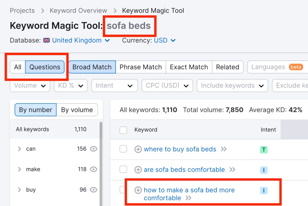 how to come up with blog ideas (without relying on ai) 1 Screenshot from the SEMRush keyword magic tool for questions on sofa beds