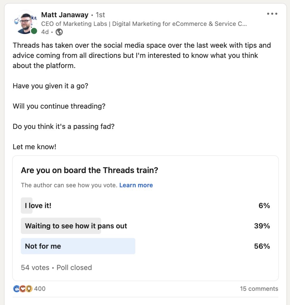 threads – a guide to meta’s new micro-blogging platform 1 A screenshot of a LinkedIn poll on the uptake of new social media app, Threads