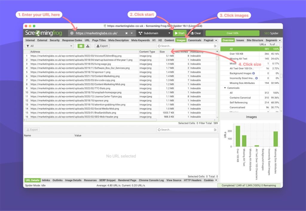 Screenshot of Screaming Frog step-by-step guide to identifying large images on your site. 