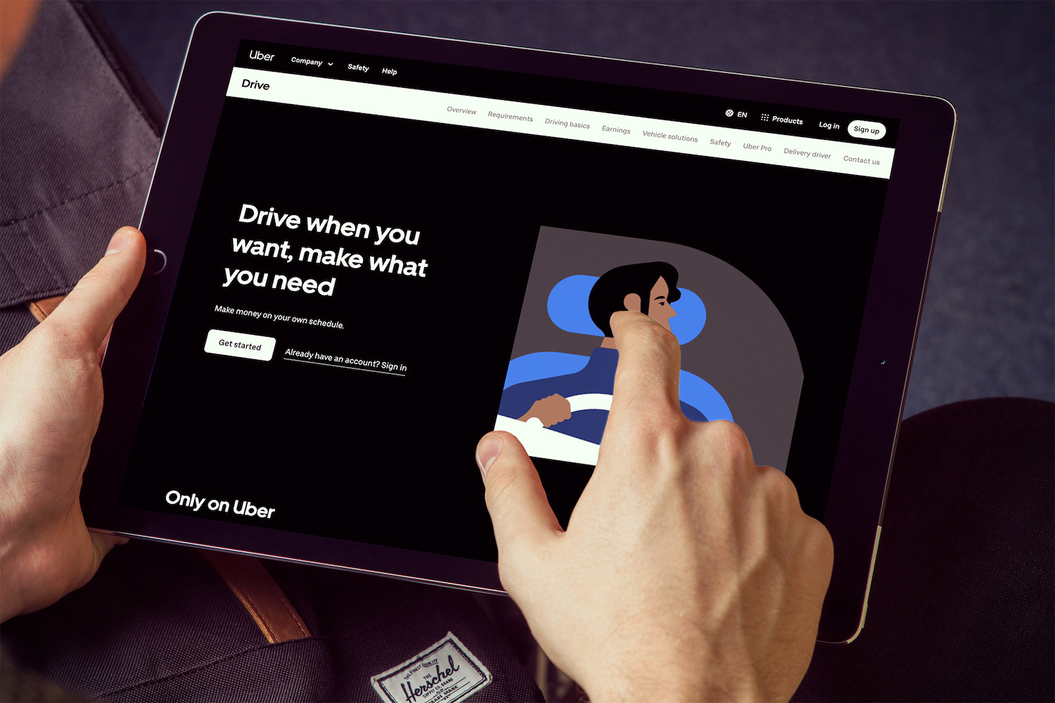 Tablet showing Uber landing page