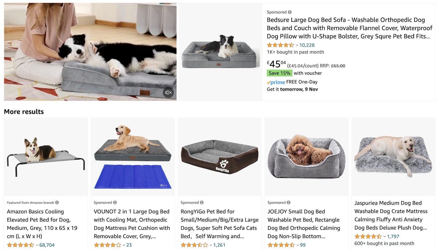 how to sell on amazon for beginners 4 Screenshot of sponsored ad for dog bed on Amazon