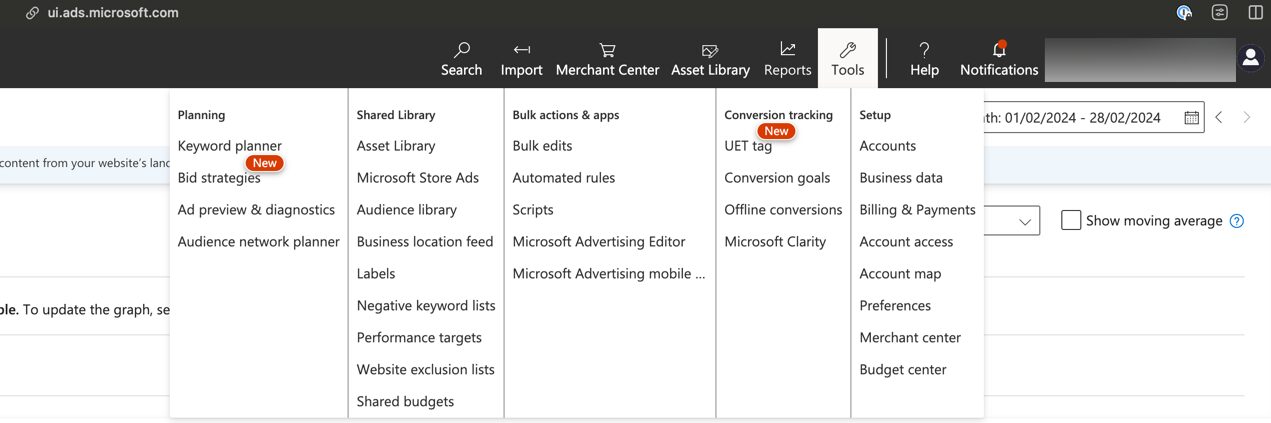 bing vs google ads – where should you spend your money? 4 Screenshot showing Microsoft Ads tools