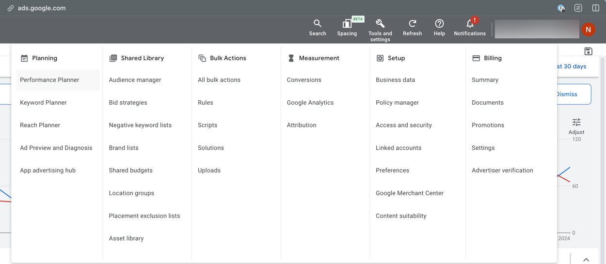 bing vs google ads – where should you spend your money? 5 Screenshot showing Google Ads tools