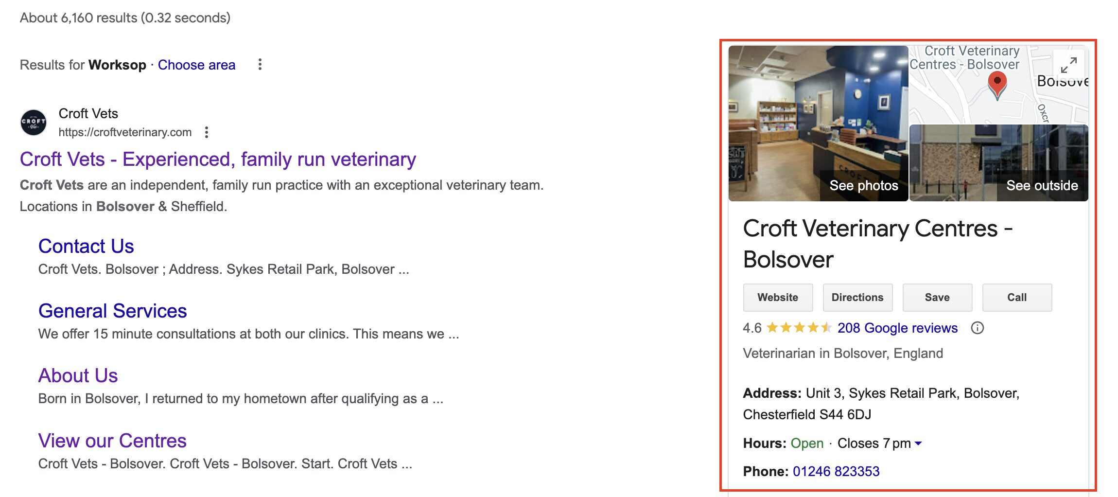 how to set up and use google my business for local seo 1 Example of a GBP for Croft Vets.