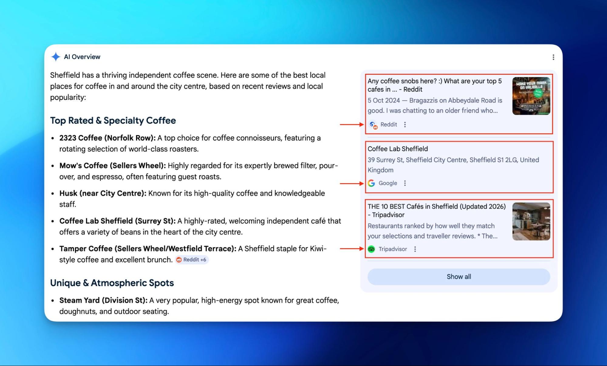 customer reviews 101: insights and best practices 3 Screenshot shows an example of how customer reviews can be cited in Google's AI overviews
