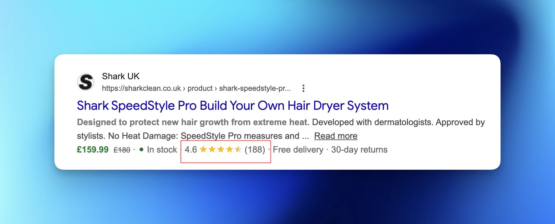 customer reviews 101: insights and best practices 2 Screenshot for Shark UK shows how the customer reviews schema can add star-ratings to Google's organic listings.