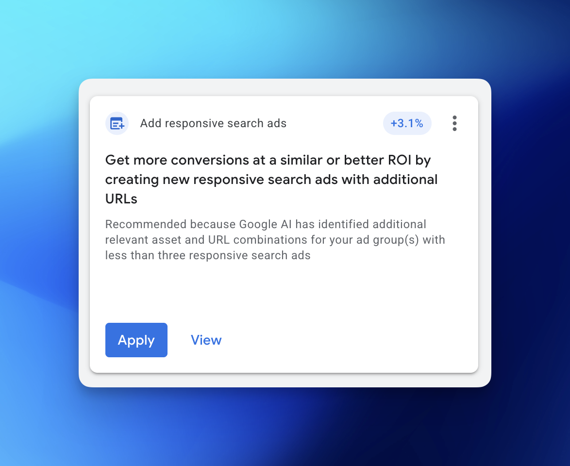 google’s built-in ai features for ads 6 Screenshot showing a recommendation made by Google in the Ads platform
