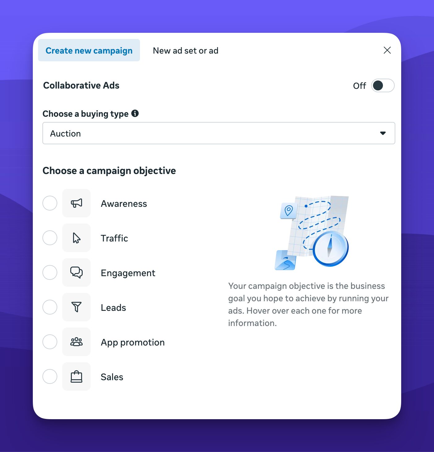 a/b testing in meta ads manager: what it can do for you 1 Meta Ads set up. Screenshot show options for setting an objective