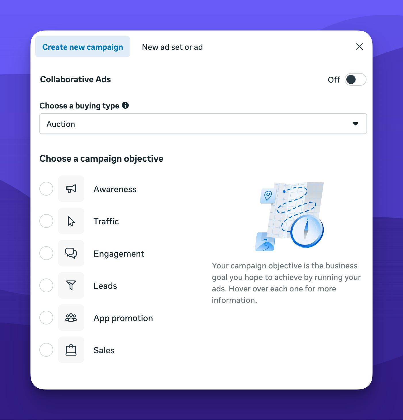 a/b testing in meta ads manager: what it can do for you 3 Meta Ads set up. Screenshot show options for setting an objective