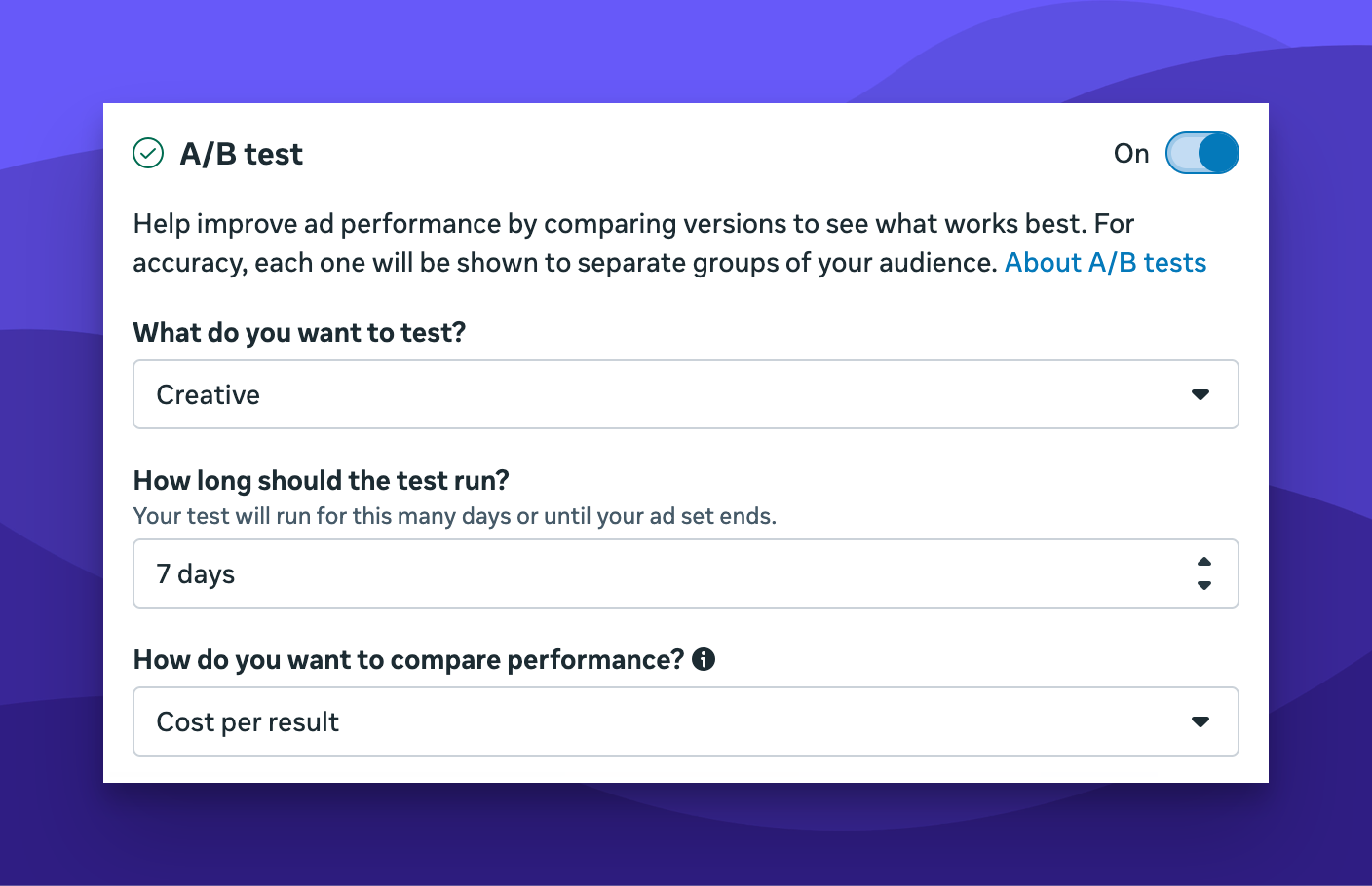 a/b testing in meta ads manager: what it can do for you 4 Screenshot shows the set-up for an A/B test in Meta Ads