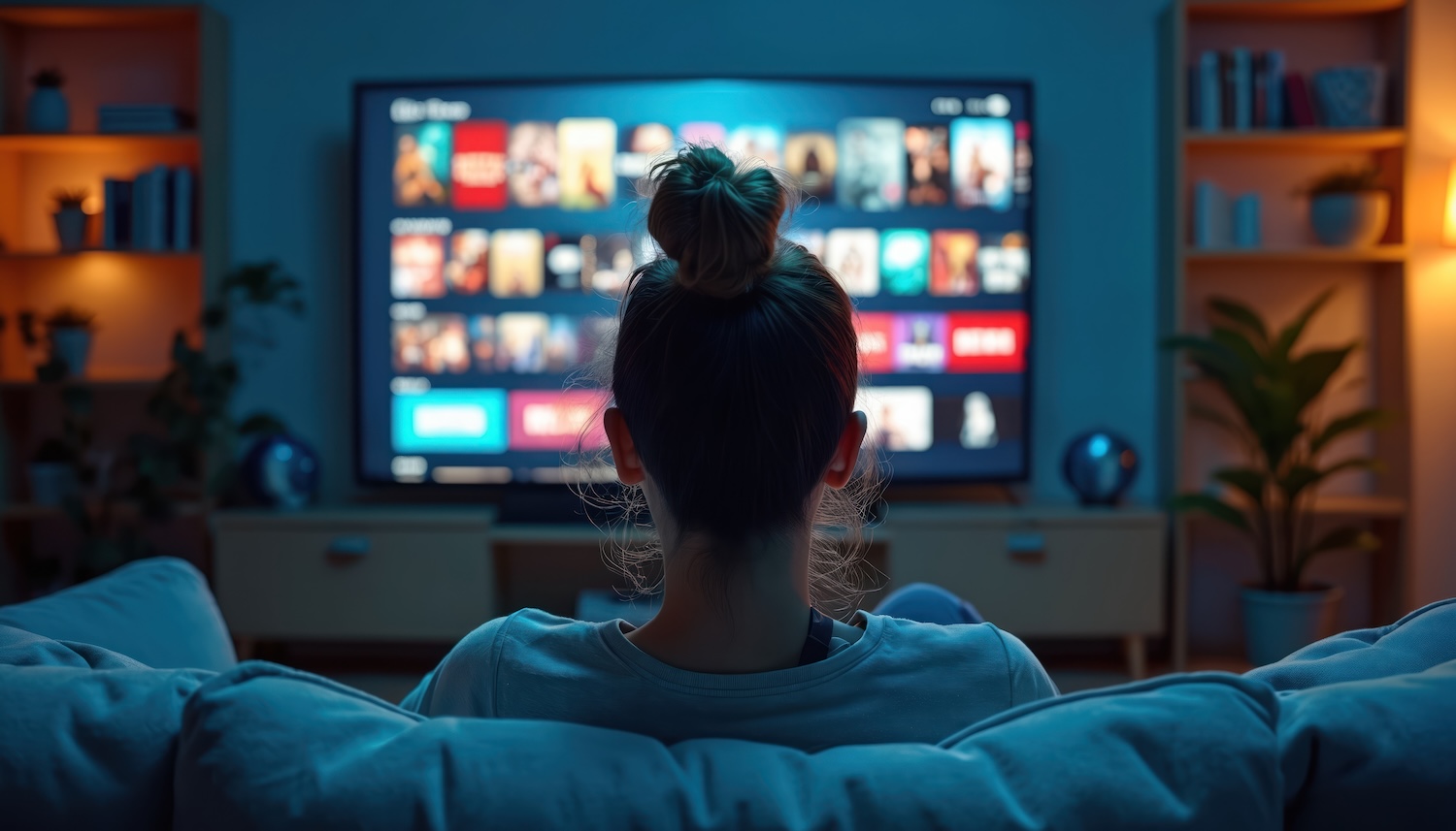 what is vod advertising, and how does it work? 2 Woman sits in front of smart TV screen with app options