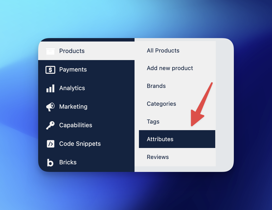 a guide to product attributes in woocommerce 2 A screenshot showing where to find the attributes inside the menu of a WordPress site.