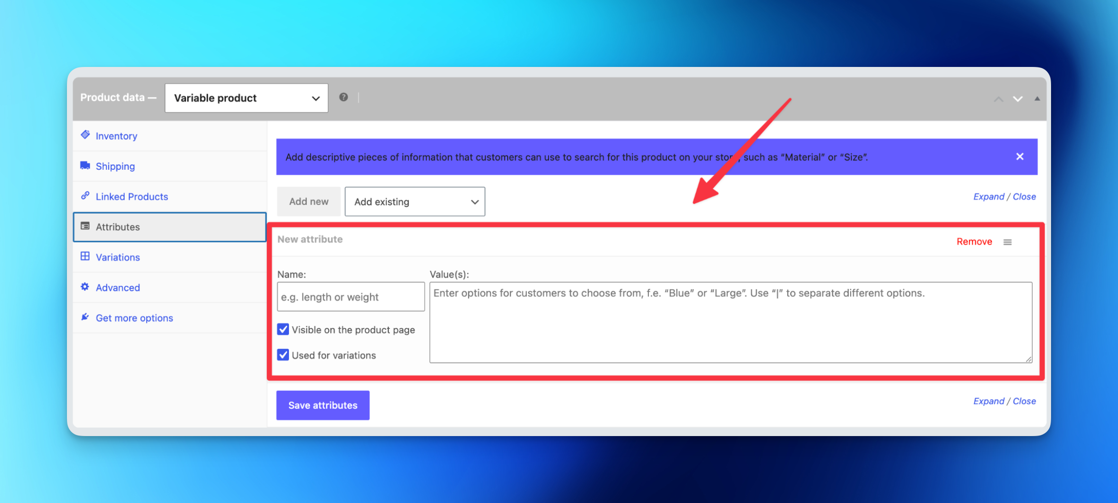 a guide to product attributes in woocommerce 3 A screenshot showing where to add attributes in the product data section of a WordPress CMS